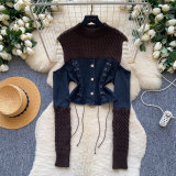 Women Fake Two Piece Patchwork Denim Knit Long Sleeve Tie Top