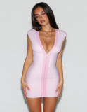 Women Sexy V Neck Zip Bandage Striped Solid Bodycon Dress