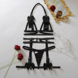 Women Bow Beaded Patchwork PU Leather Lingerie Two Piece Set