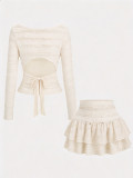 Women Lace-Up Top and Multi-Layer Cake Skirt Two Piece Set