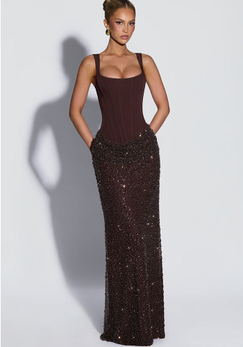 Women Square Neck Boned Corset Lace-Up Sequin Bodycon Dress