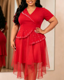 Plus Size Women Beaded Short Sleeve Elegant V Neck Ruffle Mesh Dress