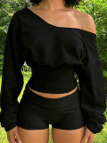 Women Long Sleeve Slash Shoulder Top and Shorts Two Piece Set