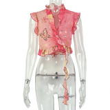 Women Pink Floral Color Block Summer Autumn Ruched V Neck Casual Holidays Ruffle T-shirt