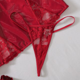 Women’s Sexy Rose Floral Lace Patchwork Leather Slim Waist Bodycon Dress with Thong