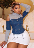 Women Fake Two Piece Patchwork Denim Knit Long Sleeve Tie Top
