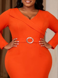 Women’s Plus Size Orange V Neck Long Sleeve Slim Waist Pleated Mermaid Hem Bodycon Career Dress