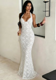 Women French Elegant Halter Neck Sexy Lace Maxi Dress