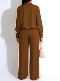 Women Fall Winter Button Jacket Top and Patchwork Wide Leg Pant Two Piece Set
