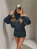 Women Stand Collar Polka Dot Organza Jacket and Shorts Two Piece Set