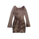 Women Backless Long Sleeve Polka Dot Mini Dress