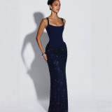 Women Square Neck Boned Corset Lace-Up Sequin Bodycon Dress