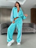 Women Velvet Color Block Stand Collar Zip Top and Wide Leg Sweatpant Two Piece Set