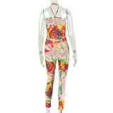 Women Fall Backless Multi-Color Halter Neck Hollow Casual Jumpsuit