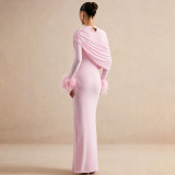 Women Fall Solid Shawl Feather Sleeve Slit Dress