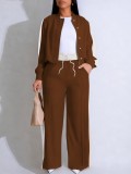Women Fall Winter Button Jacket Top and Patchwork Wide Leg Pant Two Piece Set