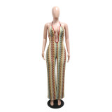Women Color Block Striped Sexy Backless Tie Halter Neck Strap Jumpsuit