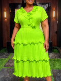 Plus Size Women V Neck Ruffle Short Sleeve Pleated Cascading Ruffles Dress