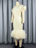 Plus Size Women Off Shoulder Bow Strapless Mesh Ruffle Elegant Mermaid Bodycon Dress
