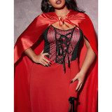 Women’s Plus Size Halloween Red Witch Costume Hooded Cape Maxi Dress