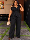 Plus Size Women Black Slash Shoulder Ruffle Elegant Formal Party Wide Leg Jumpsuit