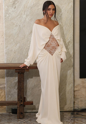 Women Fall French Elegant Sexy Hollow Lace Patchwork Ruched Bodycon Dress
