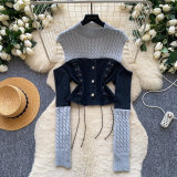 Women Fake Two Piece Patchwork Denim Knit Long Sleeve Tie Top