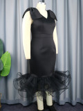 Plus Size Women V Neck Sleeveless Bow Formal Party Elegant Mesh Dress