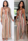 Women Color Block Striped Sexy Backless Tie Halter Neck Strap Jumpsuit