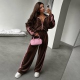 Women Velvet Color Block Stand Collar Zip Top and Wide Leg Sweatpant Two Piece Set