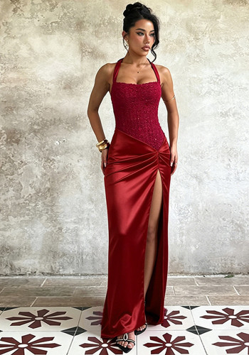 Women Patchwork Slit Halter Neck Tie Maxi Dress