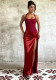 Women Patchwork Slit Halter Neck Tie Maxi Dress