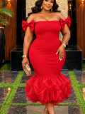 Plus Size Women Off Shoulder Bow Strapless Mesh Ruffle Elegant Mermaid Bodycon Dress