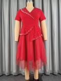 Plus Size Women Beaded Short Sleeve Elegant V Neck Ruffle Mesh Dress