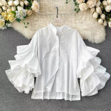 Women Multi-Layer Ruffle Bell Sleeve Shirt Stand Collar Top