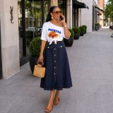 Women Denim Slit Midi Skirt