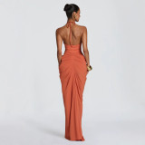 Women Formal Party Sexy V Neck Halter Neck Slit Ruched Bodycon Dress