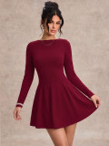 Women Sexy Backless Round Neck Long Sleeve Dress