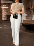 Plus Size Women Round Neck Short Sleeve Beaded Jumpsuit