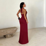 Women Solid Halter Neck Minimalist Slit Maxi Dress