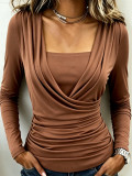 Women Cowl Neck Cross Ruched Long Sleeve Fake Two Piece T-shirt Top