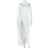 Women Solid Slit Irregular High Neck Sleeveless One Shoulder Bodycon Dress