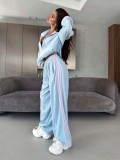 Women Velvet Color Block Stand Collar Zip Top and Wide Leg Sweatpant Two Piece Set