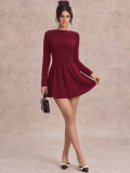 Women Sexy Backless Round Neck Long Sleeve Dress