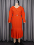 Women’s Plus Size Orange V Neck Long Sleeve Slim Waist Pleated Mermaid Hem Bodycon Career Dress