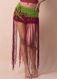 Women Summer Knit Color Block Tassel Bodycon Midi Skirt