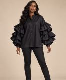 Women Multi-Layer Ruffle Bell Sleeve Shirt Stand Collar Top
