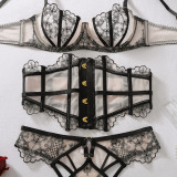 Women Floral Embroidery Hollow Waist Cincher Lingerie Two Piece Set