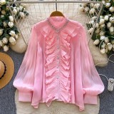 Women Ruffle Beaded Rhinestone Trim Top French White Blouse