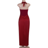 Women Patchwork Slit Halter Neck Tie Maxi Dress